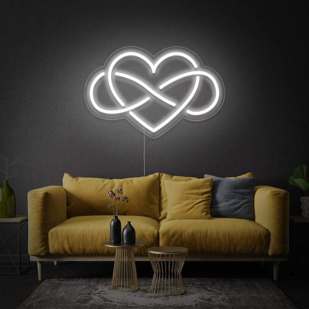 The Infinity Heart neon sign glowing brightly on a wall in a beautifully styled bedroom, creating a romantic ambiance.