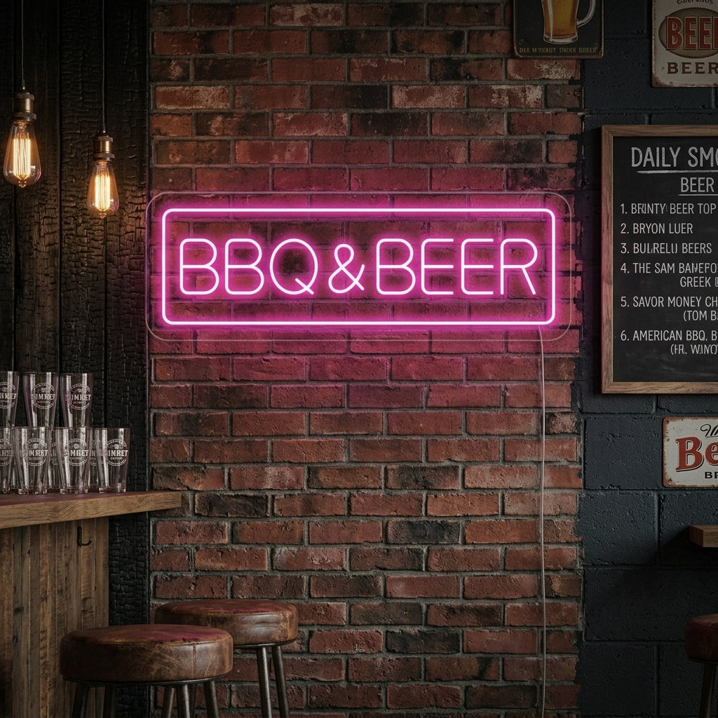 A glowing blue 'BBQ BEER' neon sign mounted on a rustic wood plank wall above a brick fireplace.