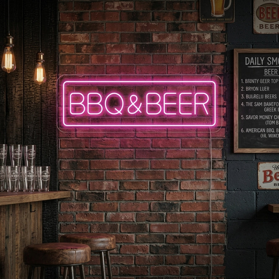 A glowing blue 'BBQ BEER' neon sign mounted on a rustic wood plank wall above a brick fireplace.
