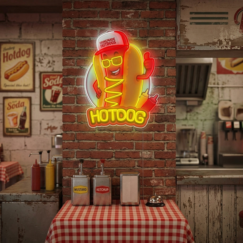 A vibrant 'Hotdog Mascot' neon sign depicting a smiling cartoon hotdog on a bun with mustard, glowing brightly in a diner or kitchen setting.