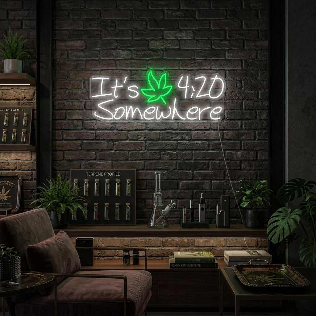 Its 420 Somewhere neon sign in green glowing above a wooden bar cart with decanters and glassware