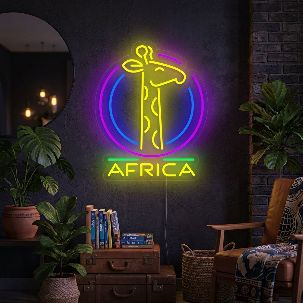 A glowing yellow neon sign depicting an adult and baby giraffe walking alongside acacia trees, mounted on a living room wall with safari-themed decor.