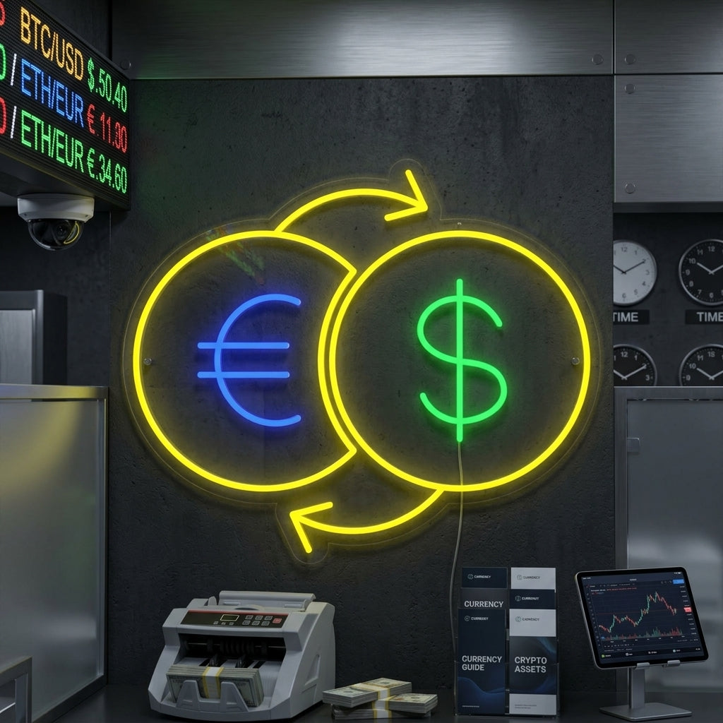A vibrant 'Money Exchange' neon sign displayed in a contemporary currency exchange office.