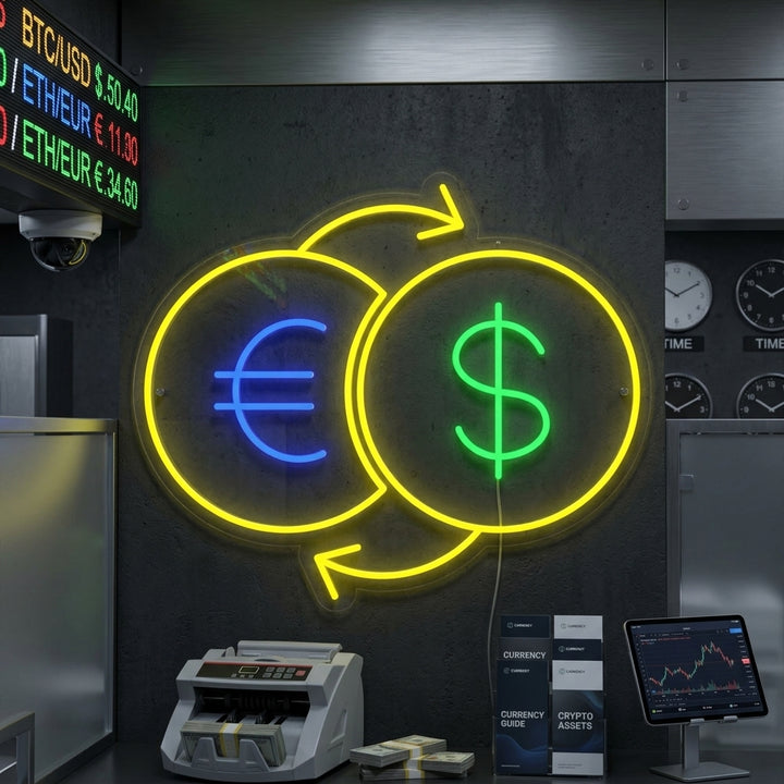 A vibrant 'Money Exchange' neon sign displayed in a contemporary currency exchange office.