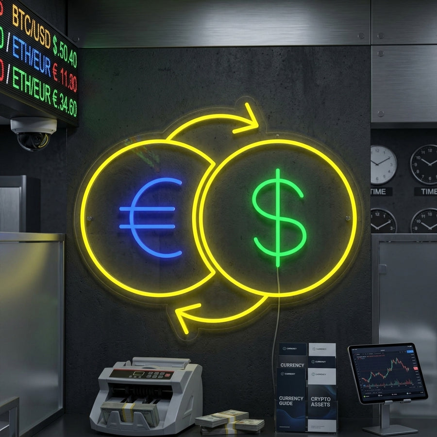 A vibrant 'Money Exchange' neon sign displayed in a contemporary currency exchange office.