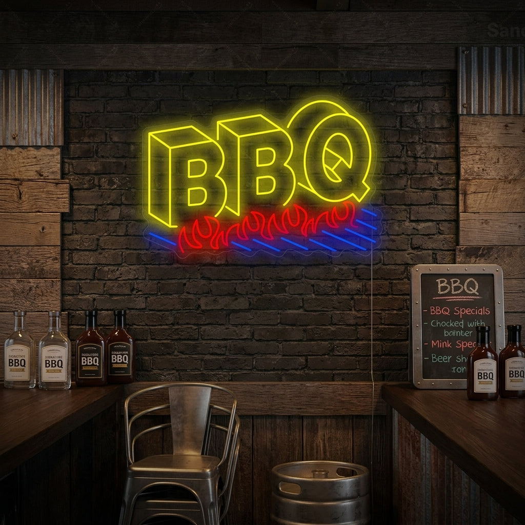 A glowing 'BBQ' neon sign mounted on a textured wooden wall in a rustic-style restaurant or kitchen area.