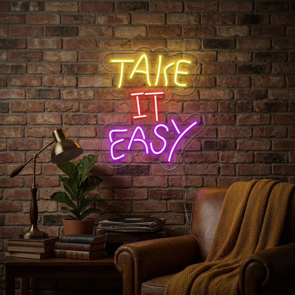 A lifestyle photograph of the illuminated 'Take it Easy' neon sign mounted on a wall in a beautifully styled room.