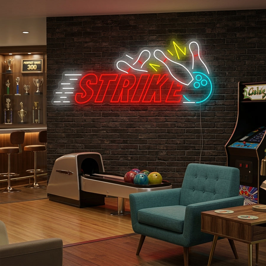 Stylized blue bowling ball heading towards a bowling pin with strike motion lines, rendered in glowing blue neon tubing on a wall.