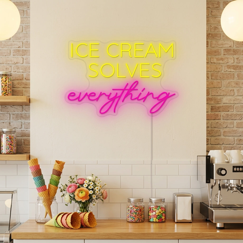 A vibrant 'Ice Cream Solves Everything' neon sign, featuring a glowing text and an ice cream cone icon, mounted on an exposed brick wall above a cozy booth and table setting.