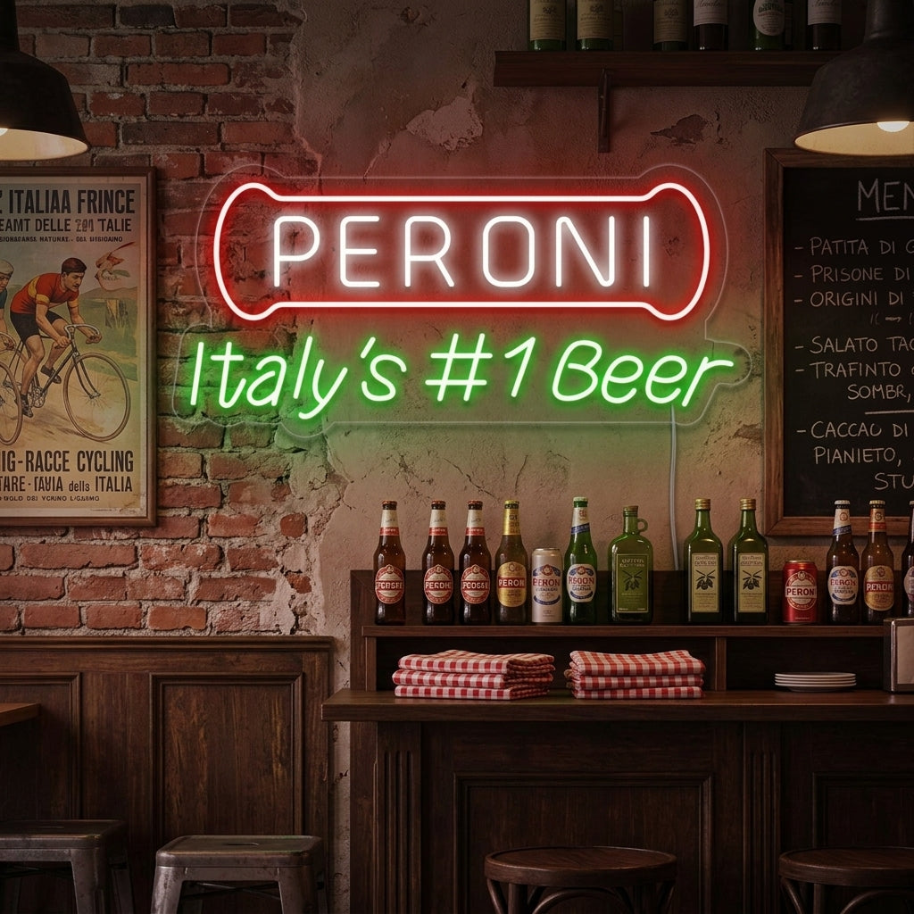 A glowing Italy Beer Peroni Bar neon sign displayed above a home bar counter with glasses and bottles