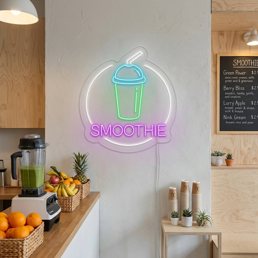 Vibrant blue and purple Smoothie neon sign glowing on a cafe wall.