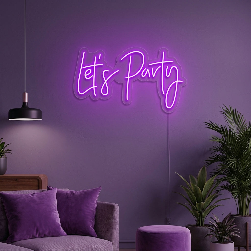 A 'Lets Party' neon sign glowing brightly on a textured wall, adding a fun and energetic vibe to a modern living room setting.