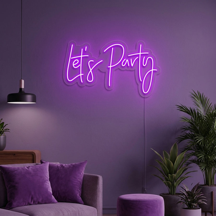 A 'Lets Party' neon sign glowing brightly on a textured wall, adding a fun and energetic vibe to a modern living room setting.