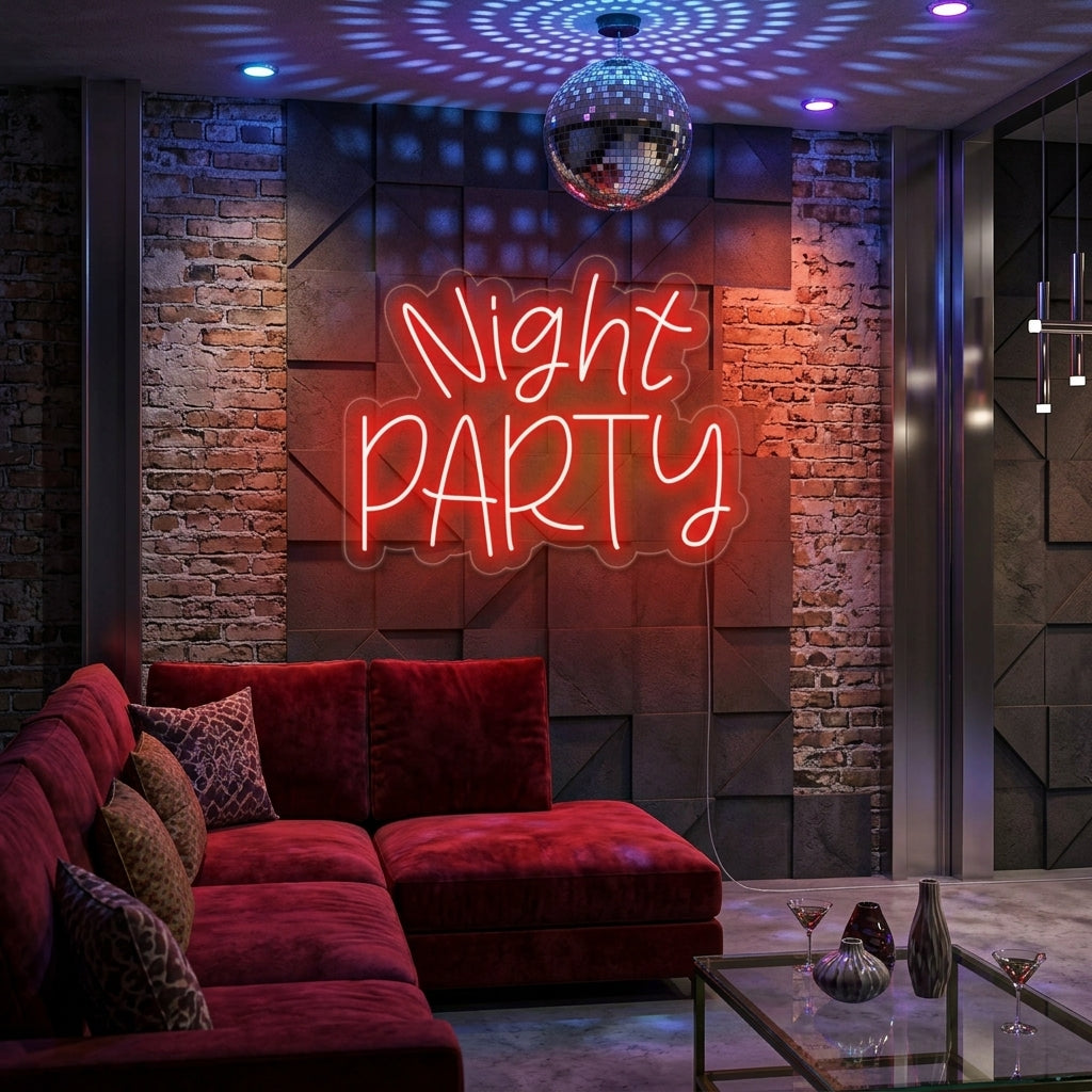 A vibrant 'Night Party' neon sign in stylized script glowing in pink and blue, mounted on a dark brick wall above a furnished lounge area with a disco ball and confetti.