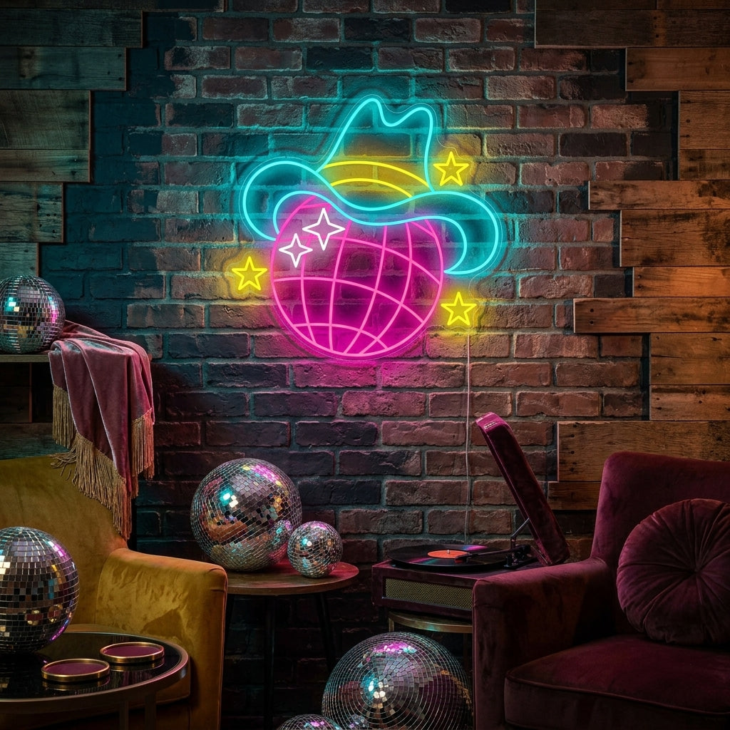 Disco Ball neon sign glowing on a textured wall above a plush green velvet sofa.