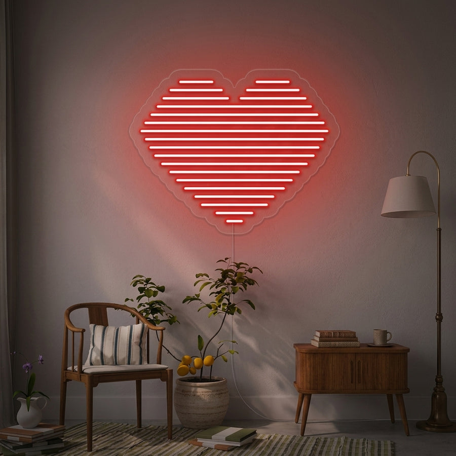 Minimalist glowing 'Heart Line' neon wall art displayed above a stylish shelf with plants and modern decor in a cozy room.