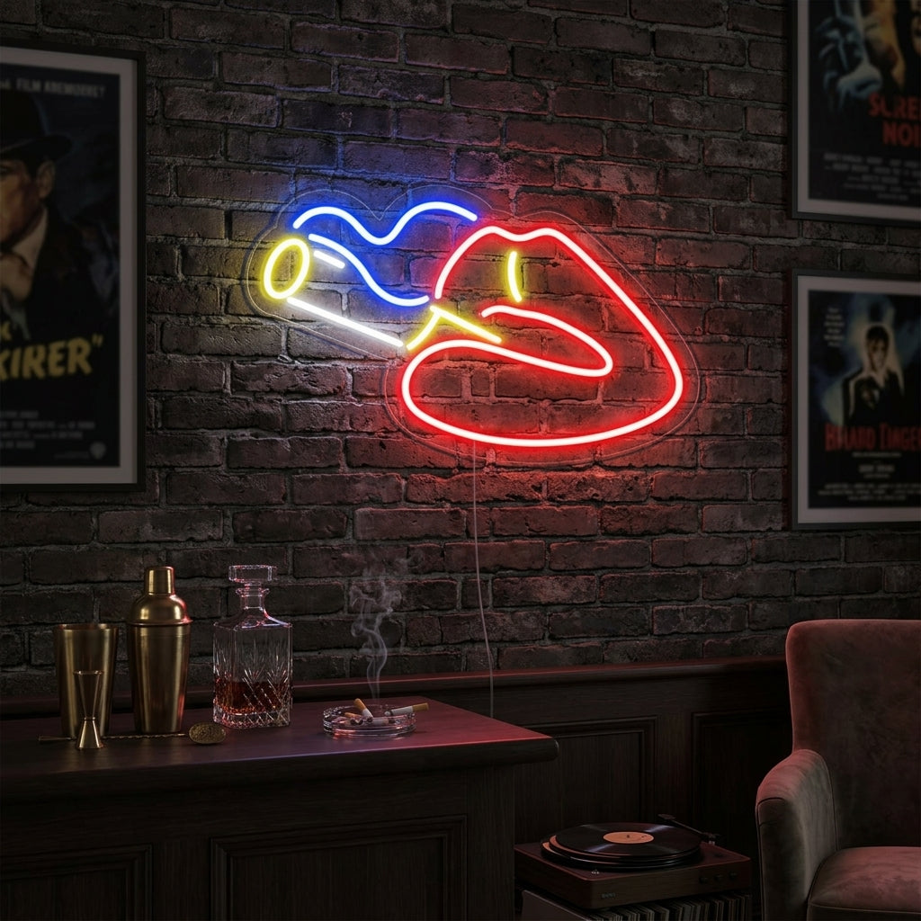 Lips Smoking neon sign glowing on a wall in a stylish room.
