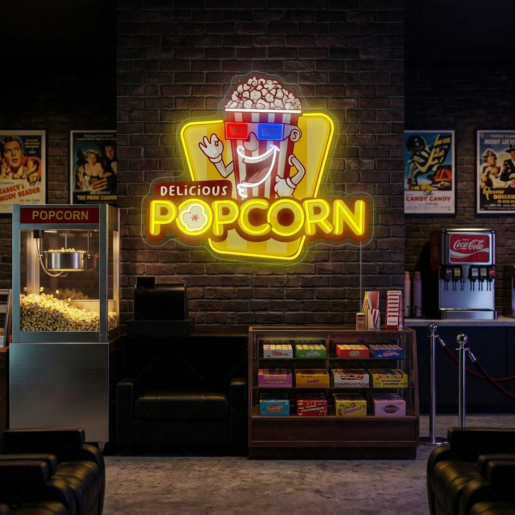 A vibrant 'Delicious Popcorn' neon sign with red and yellow tubing, featuring a bucket graphic, illuminated on a brick wall in a home theater setting.