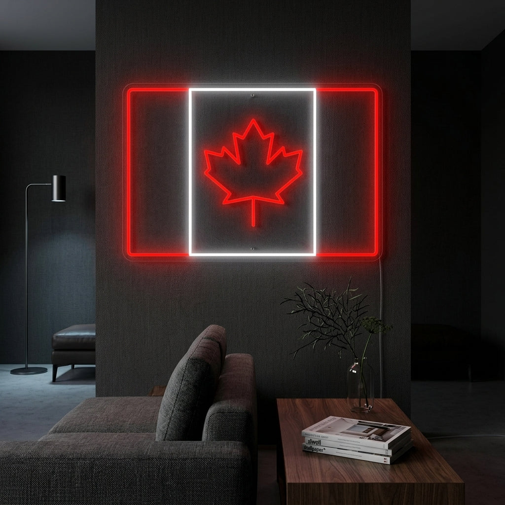 Flag of Canada neon sign glowing brightly on a wall in a modern living room setting.