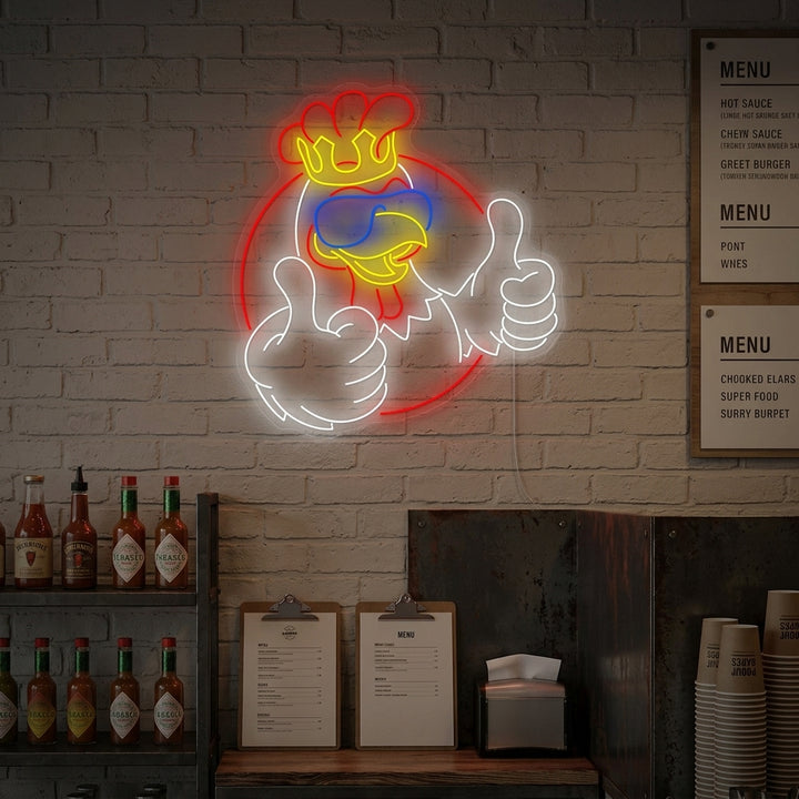 A vibrant 'Rooster King' neon sign glowing on a wall, showing the full rooster design.