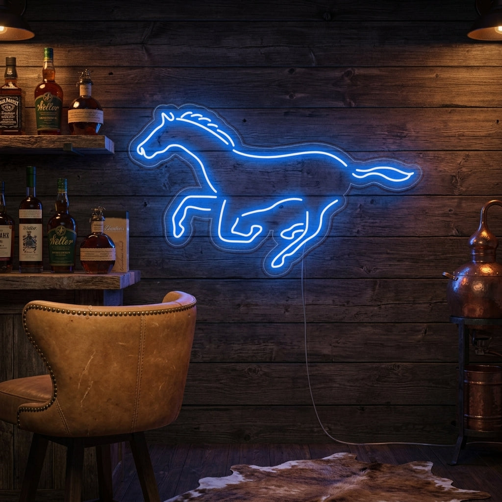Vibrant horse profile neon sign illuminating a cozy living room wall