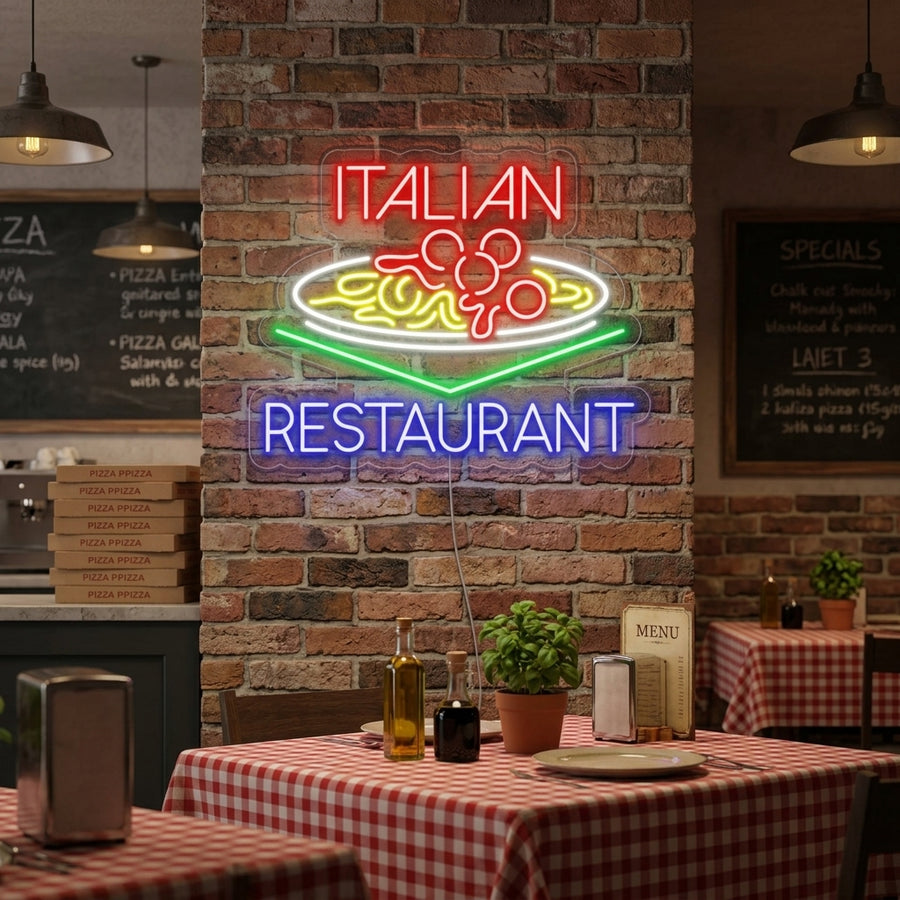 Bright red "ITALIAN RESTAURANT" neon sign glowing above a decorated shelf in a warm room setting.