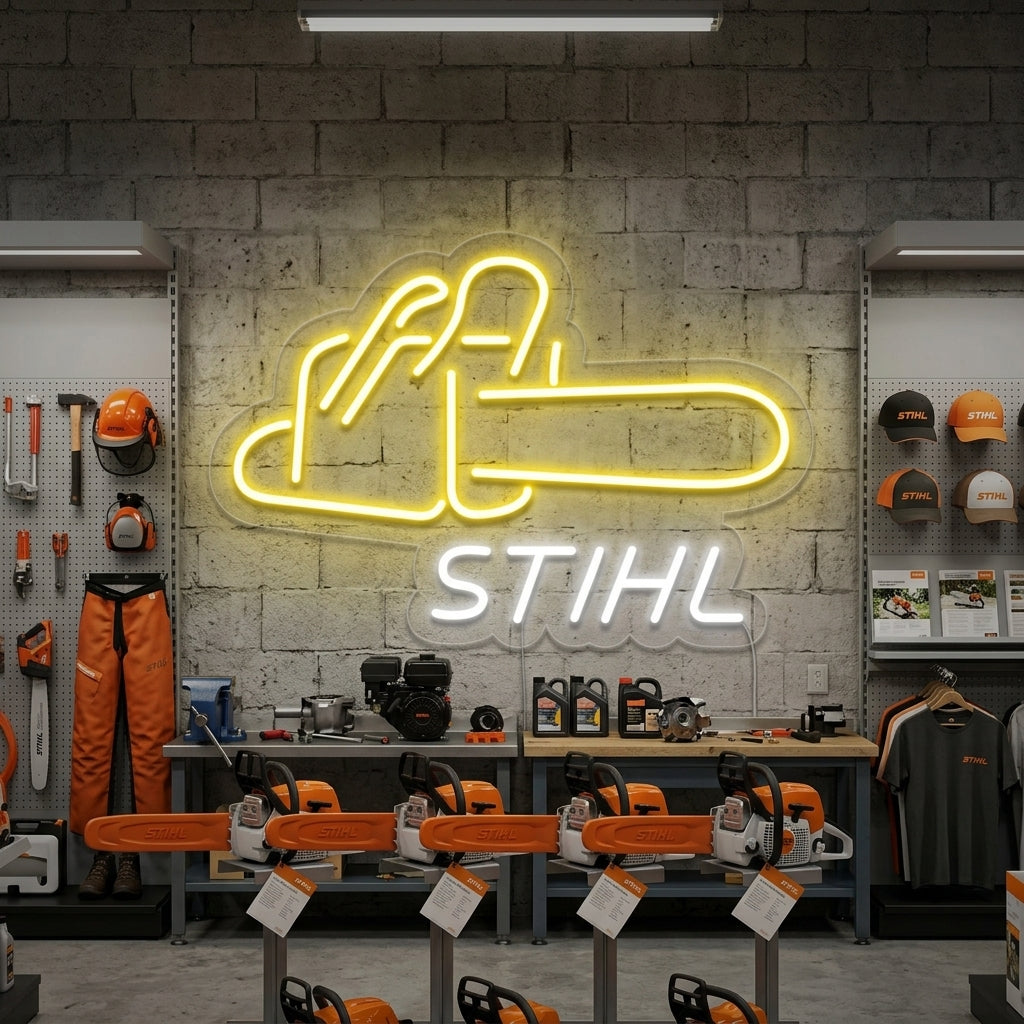 A glowing orange and white Stihl chain saw neon sign displayed prominently on a brick wall within a well-lit workshop or retail setting.