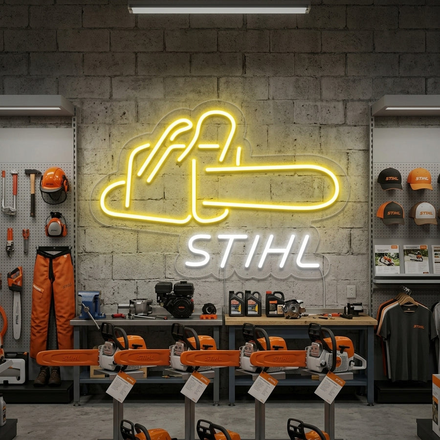 A glowing orange and white Stihl chain saw neon sign displayed prominently on a brick wall within a well-lit workshop or retail setting.