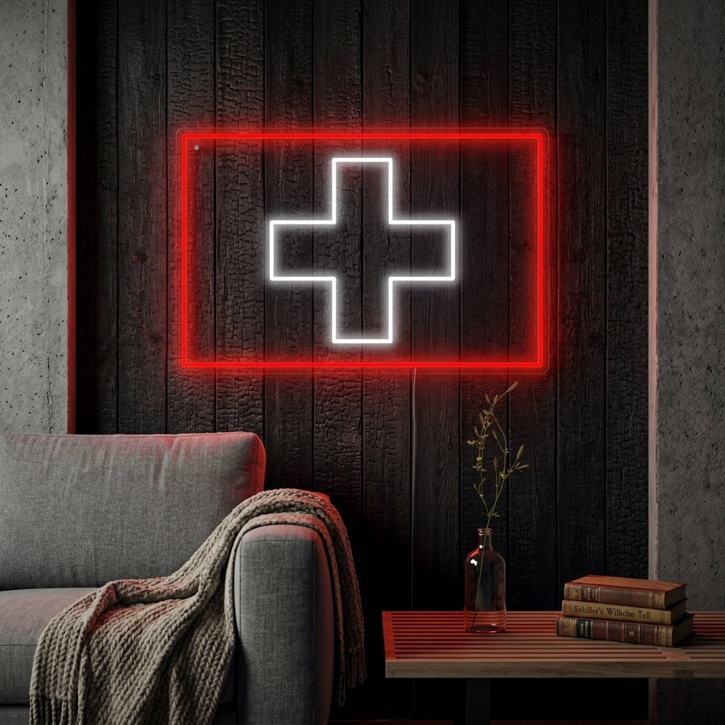 A Flag of Switzerland neon sign glowing with a white cross and red background, mounted on a rustic wooden wall above some furniture.