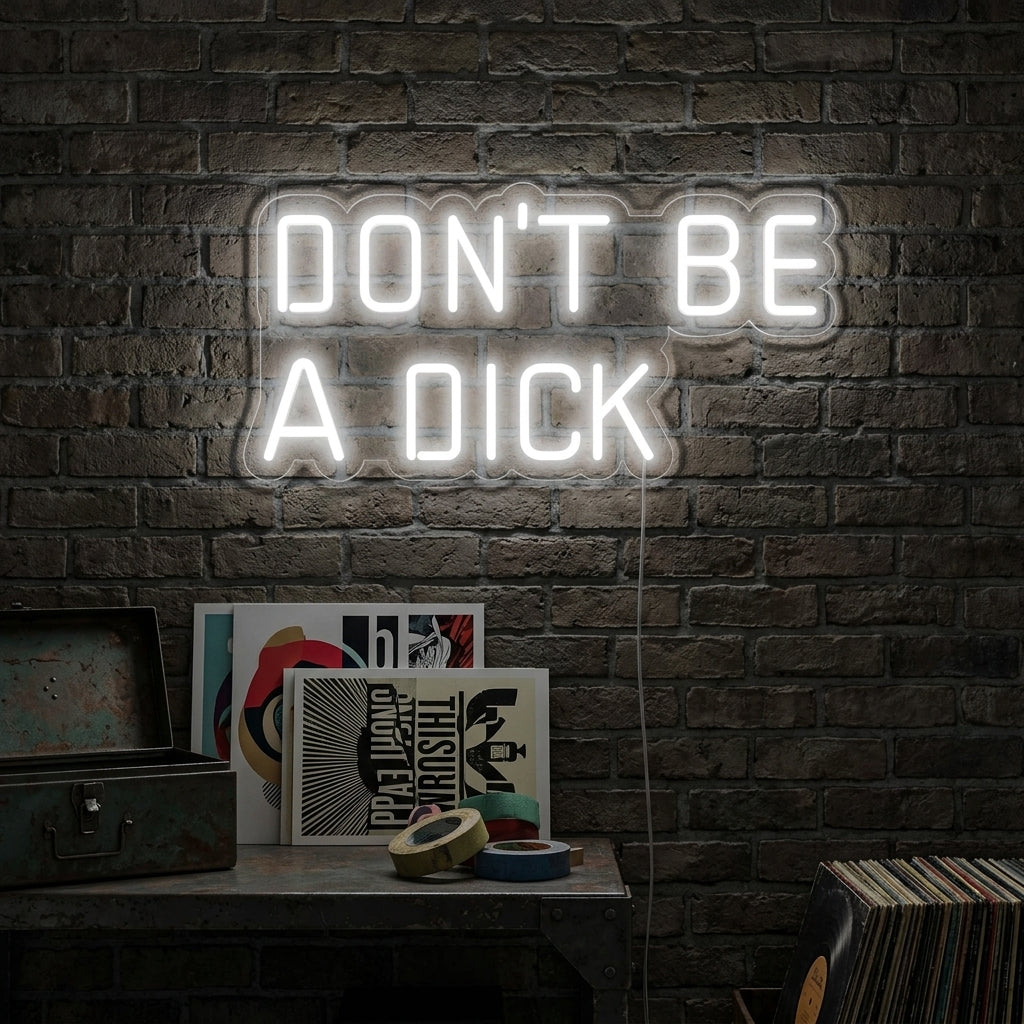 A glowing blue 'Dont Be a Dick' handwritten-style neon sign hangs on a dark brick wall in a modern living room setting.