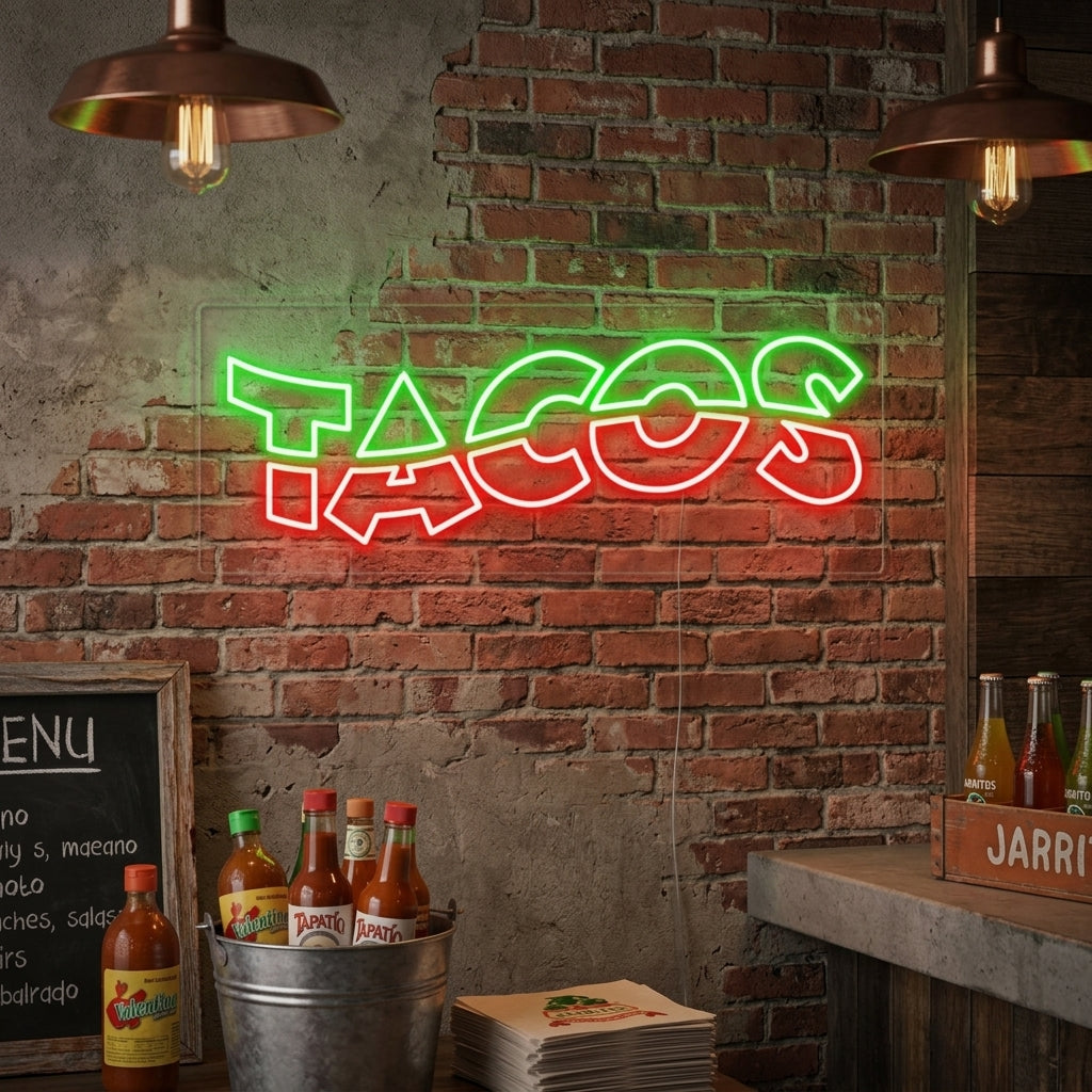 A glowing 'MEXICAN TACO' neon sign with text inside a taco shape, mounted on a rustic wood plank wall in a vibrant taqueria environment.