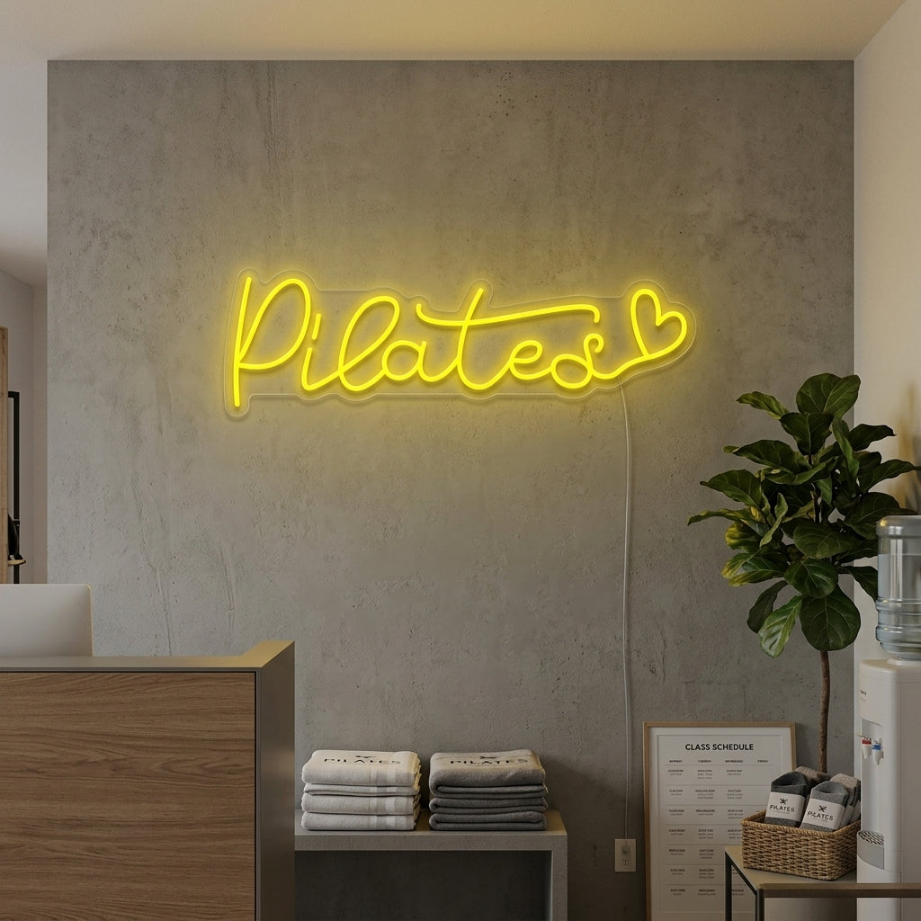 Lifestyle image showing a illuminated "Pilates Heart" neon sign glowing in a modern pilates or yoga studio setting with various mats and equipment visible.