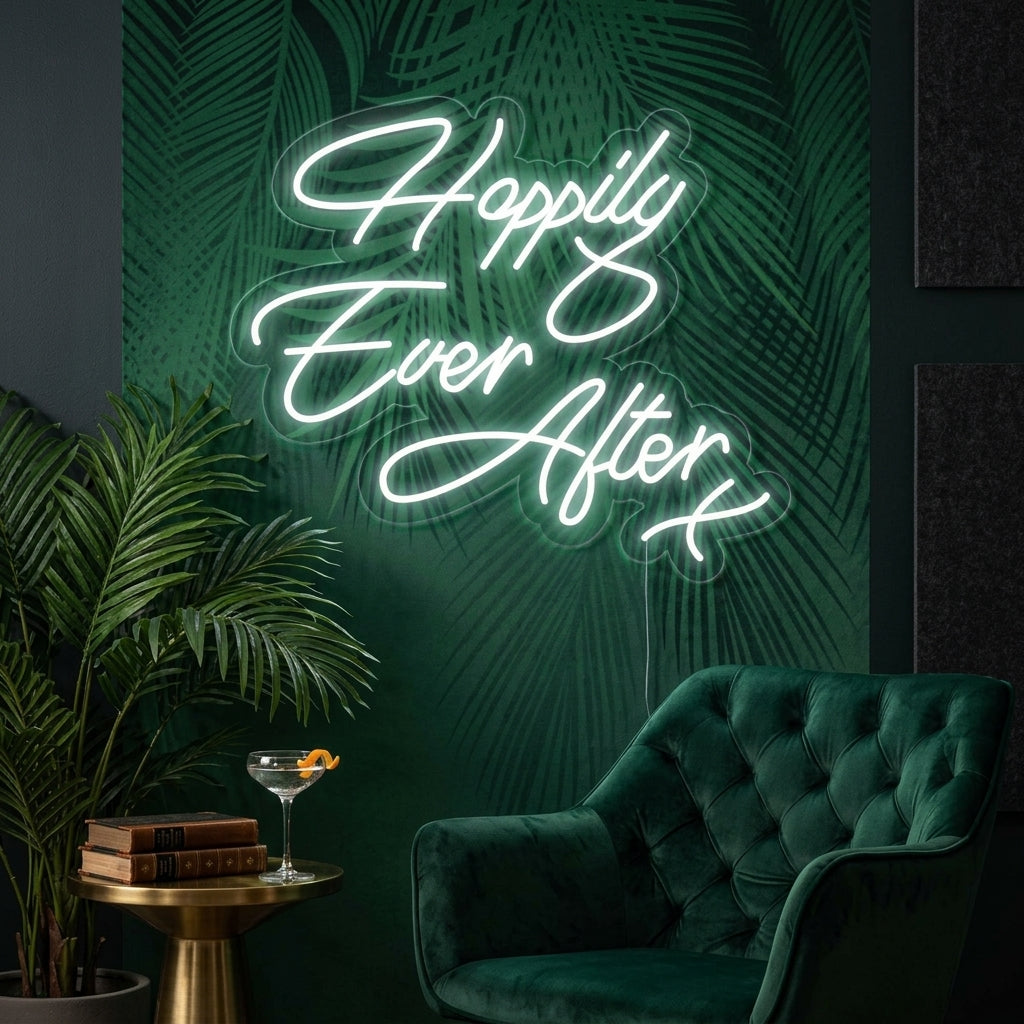 A candid photograph capturing the "Happy Ever After" neon sign glowing warmly above a beautifully decorated wedding reception table at night.
