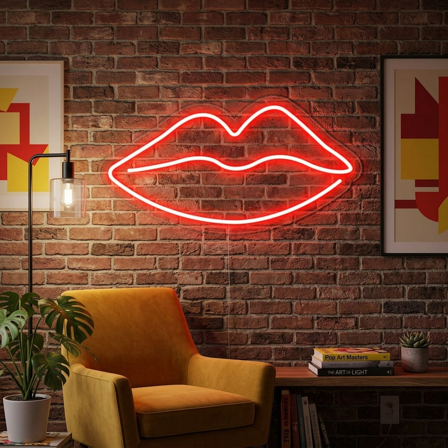 A stylish 'Lips' neon sign glowing red, mounted on a wall above a pink sofa in a chic living room.