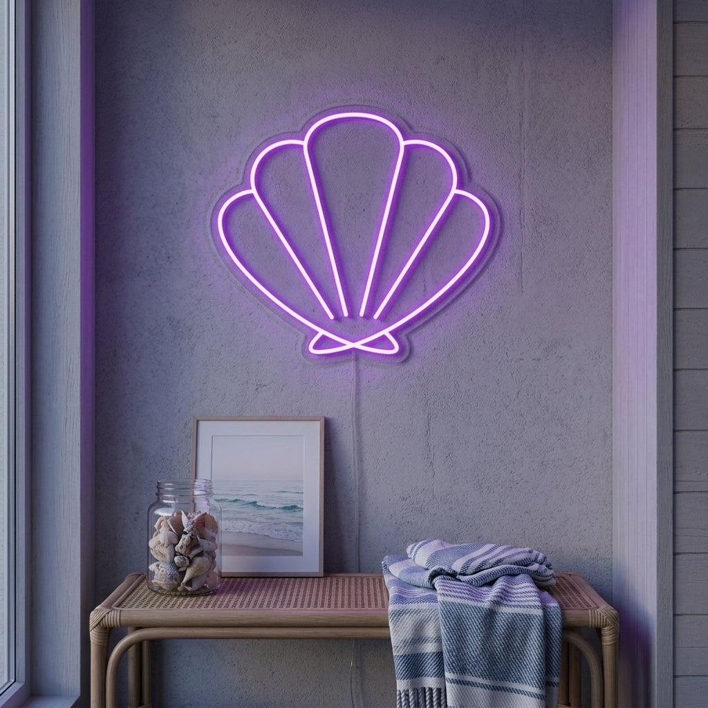 Mermaid Shell Neon Sign glowing with soft light in a coastal-themed bedroom setting.