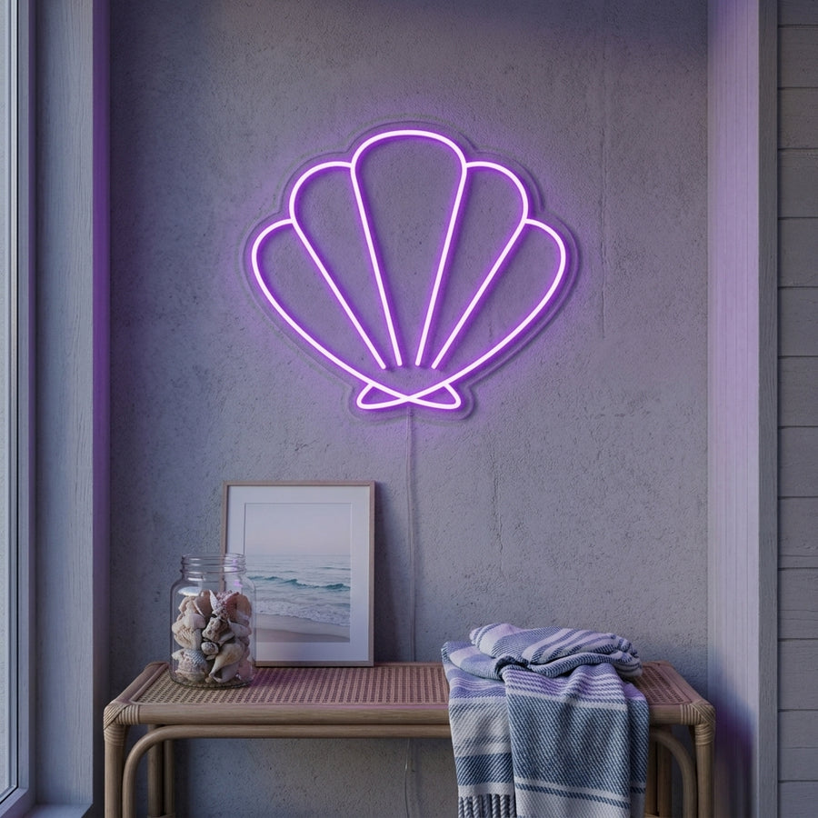 Mermaid Shell Neon Sign glowing with soft light in a coastal-themed bedroom setting.
