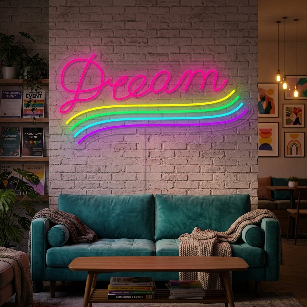 LGBT Dream Rainbow neon sign glowing brightly on a wall in a beautifully decorated room, displaying vibrant rainbow arch colors and casting colorful light.