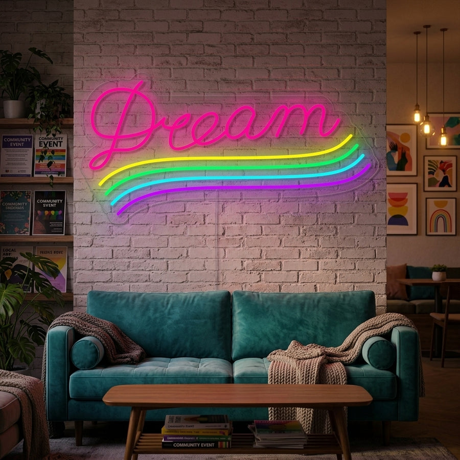 LGBT Dream Rainbow neon sign glowing brightly on a wall in a beautifully decorated room, displaying vibrant rainbow arch colors and casting colorful light.