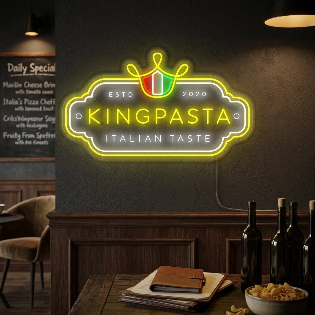 A glowing 'King Pasta' neon sign on a textured wall, featuring yellow light and a crown design above wavy noodles.