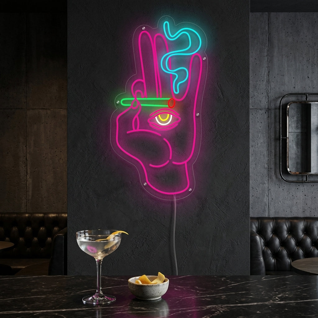 Smoking hand neon sign glowing above a bar counter, showcasing the detailed design.