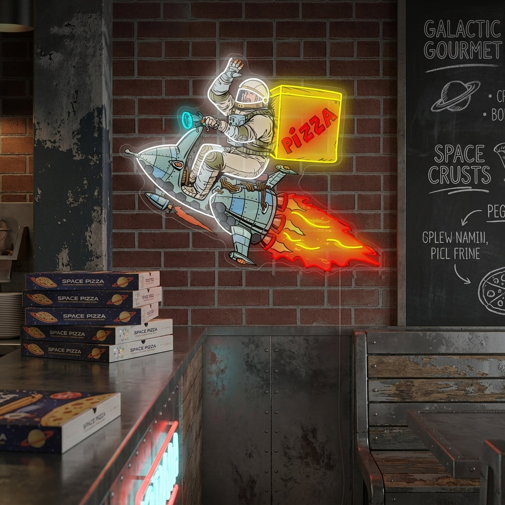 A creative neon sign depicting an astronaut delivering a slice of pizza mounted on a dark brick wall above a cozy booth.