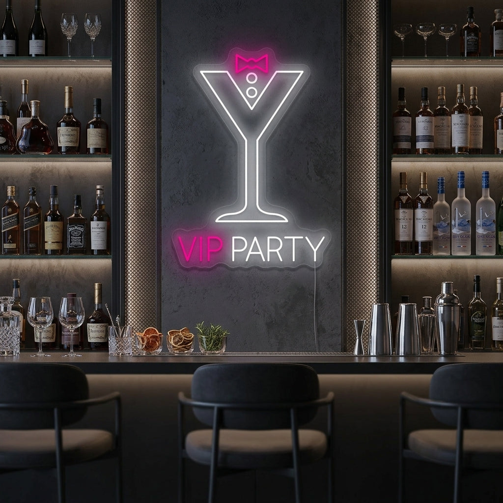 A glowing 'Vip Party' neon sign mounted in a vibrant bar setting with people enjoying drinks, creating a lively atmosphere.