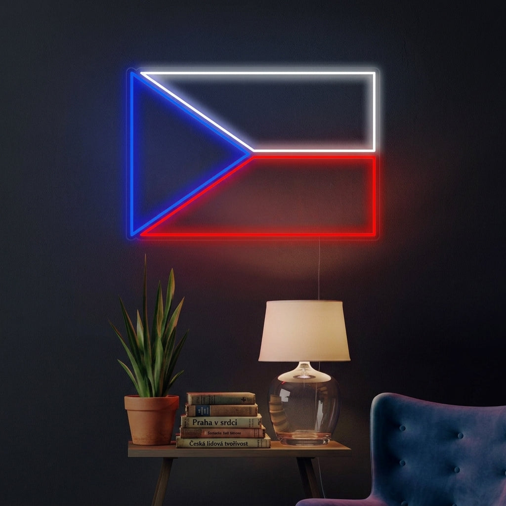 A lifestyle photo of the Czech Republic flag neon sign glowing brightly on a brick wall above a cozy seating area in an apartment.