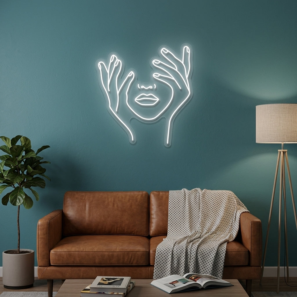 Abstract Face Hand Neon Sign illuminating a modern living room