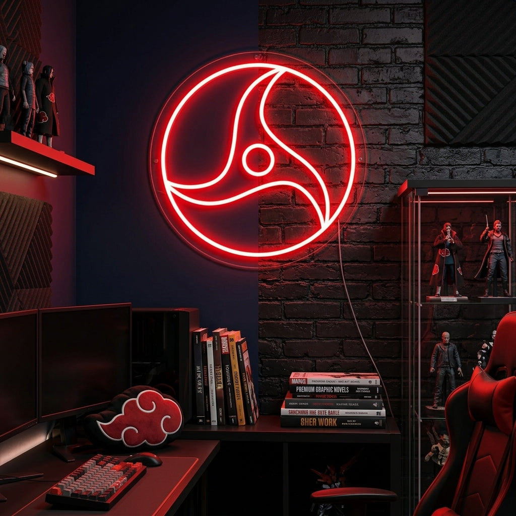 Akatsuki neon sign showing the glowing red cloud logo mounted on a dark brick wall above a desk with anime figures.