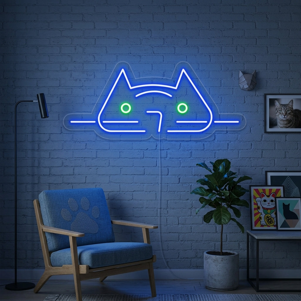 A stylish 'Cool Cat' neon sign, emitting a warm glow, mounted on a subtly textured wall in a modern living space.