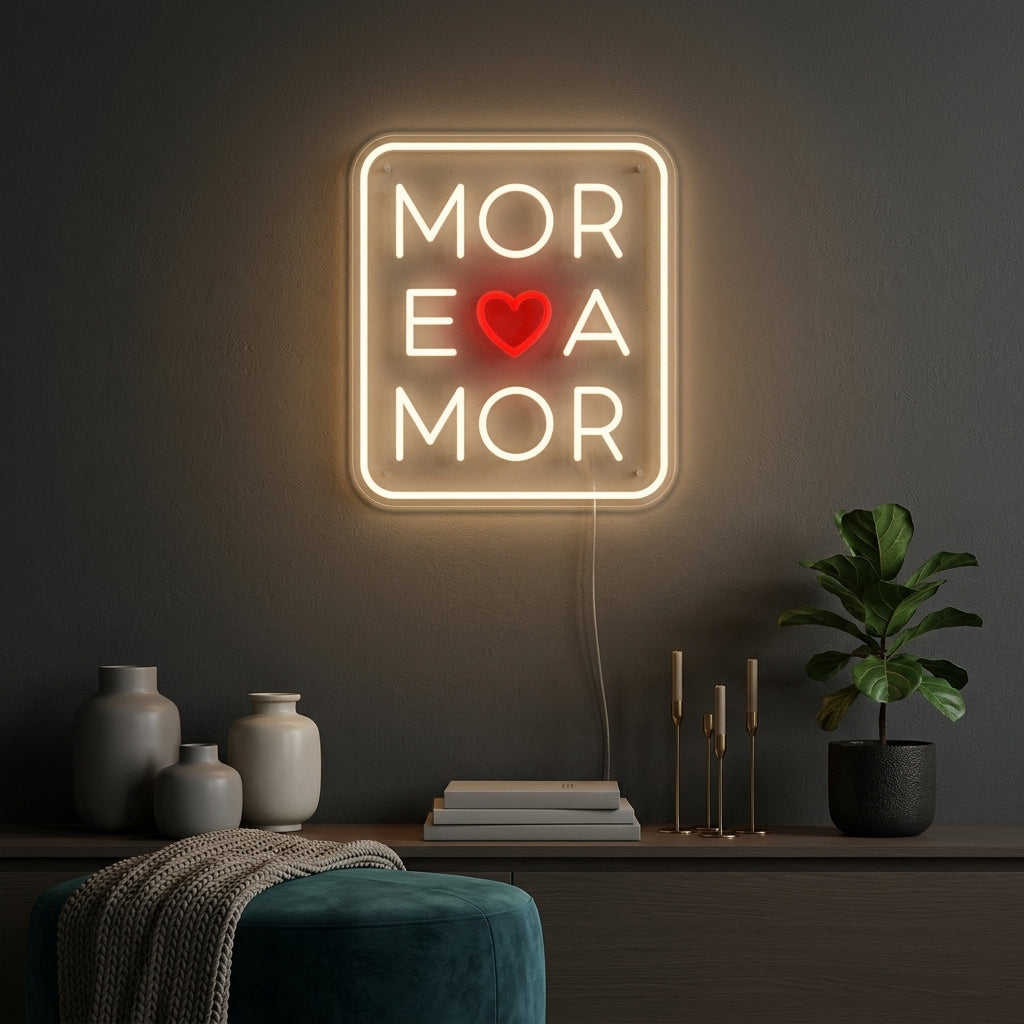 Lifestyle image of the "More Amor Love" neon sign lit up in a cozy home setting.