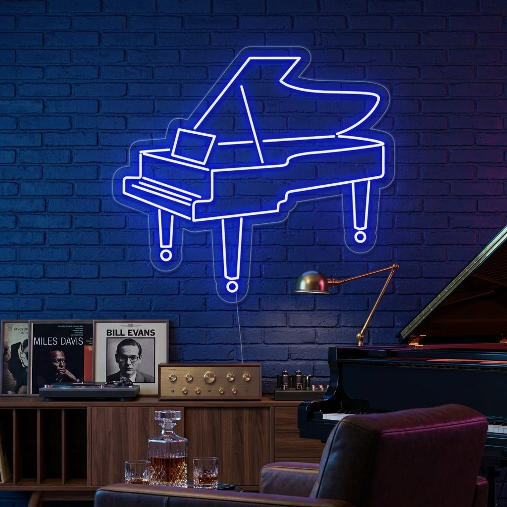 Glowing neon sign in the shape of a grand piano contour hanging in a warm music lounge.