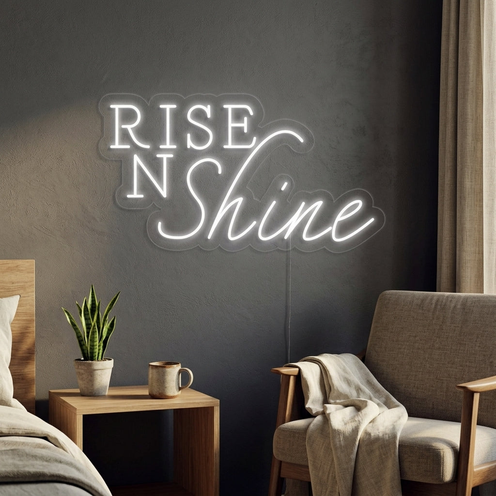 Warm glowing 'Rise N Shine' neon sign in script font, mounted on a wall above a kitchen counter or breakfast bar, integrated into a natural home setting.