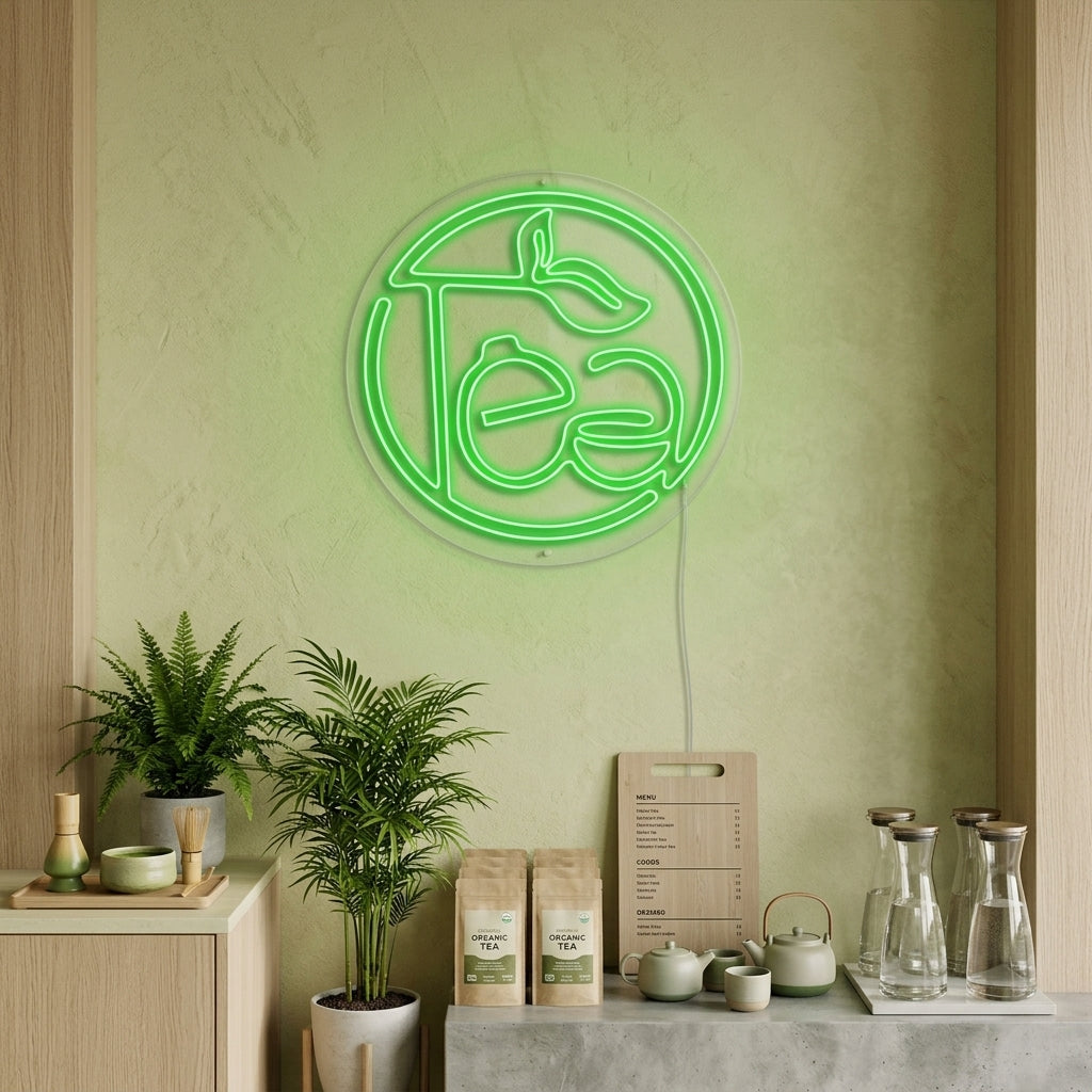 A vibrant 'Green Tea' neon sign, featuring glowing green script and leaf motifs, creates a warm and cozy atmosphere on a texture wall above a wooden table.